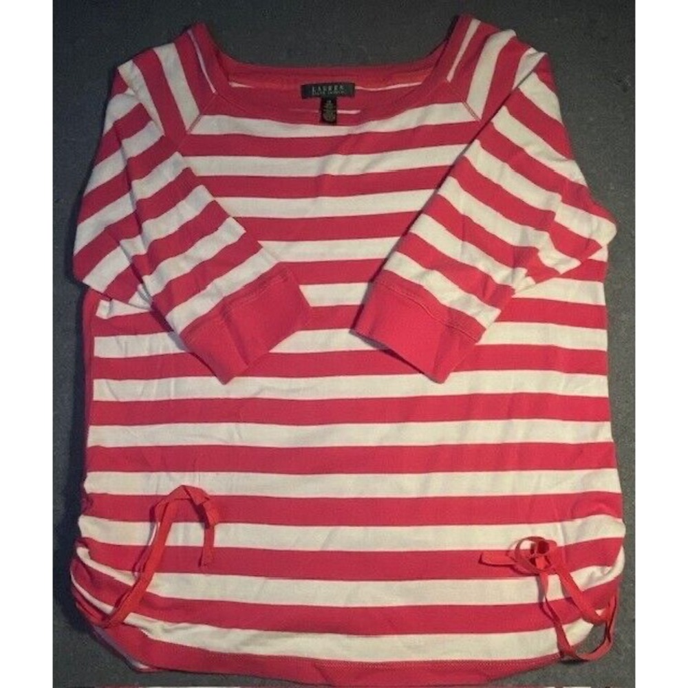 LAUREN RALPH LAUREN Women's TOP pink‎ & white 1X preppy 3/4 SLEEVE BOATNECK - Picture 2 of 6